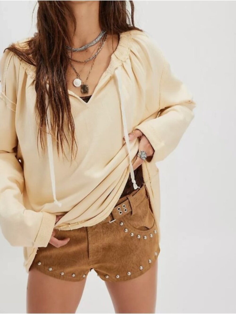 Free People Picnic Sweatshirt Blouse Top Oversized Long Sleeves Cotton XS 282445